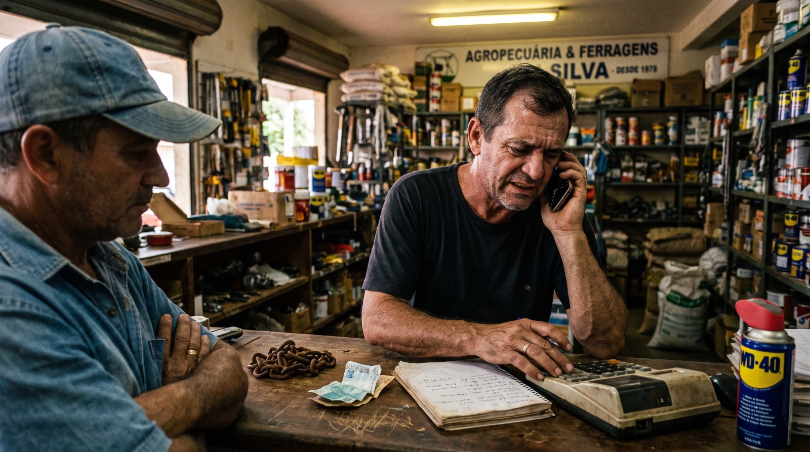 Lojista atendendo no balcão com caderno e calculadora